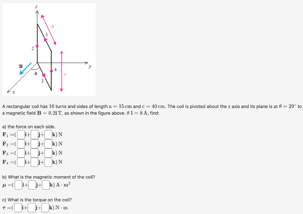 A rectangular coil has 16 turns and sides of length \( \mathrm{a}=15 \mathrm{~cm} \) and \( \mathrm{c}=40 \mathrm{~cm} \). Th