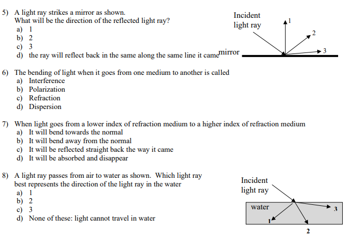 Solved 2 5) A light ray strikes a mirror as shown. What will | Chegg.com