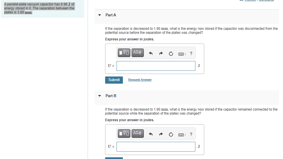 Solved A parallelplate vacuum capacitor has 6.96 J of