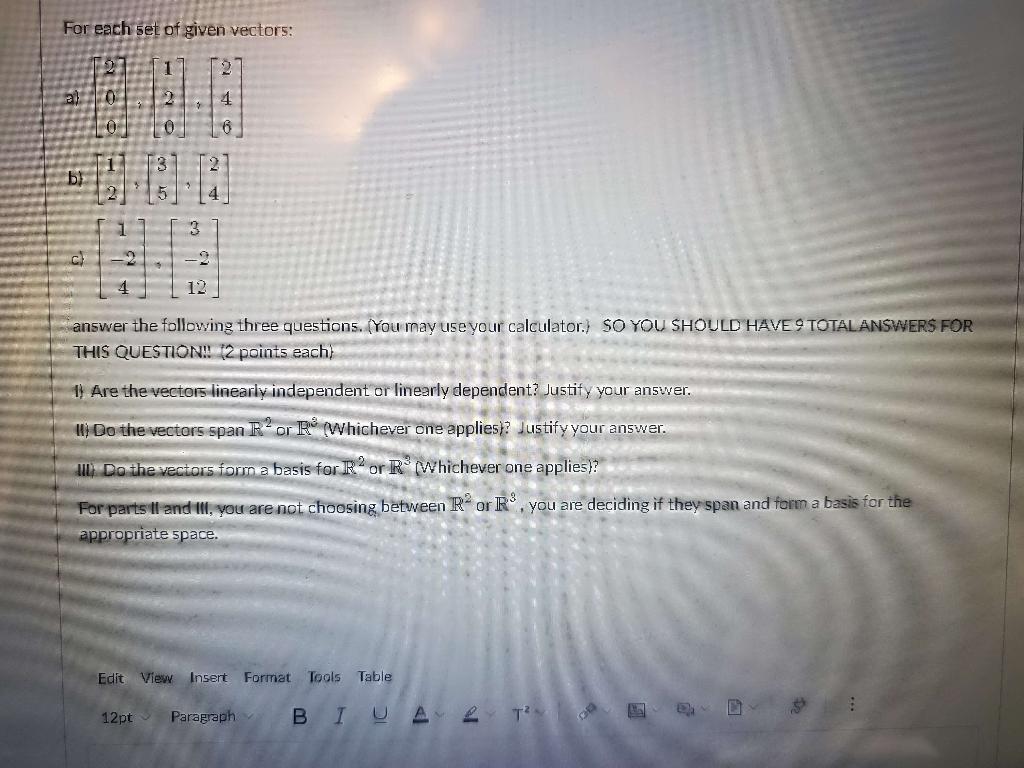 Solved For each set of given vectors: 1 a) 2 10 b) 1 3 C) | | Chegg.com
