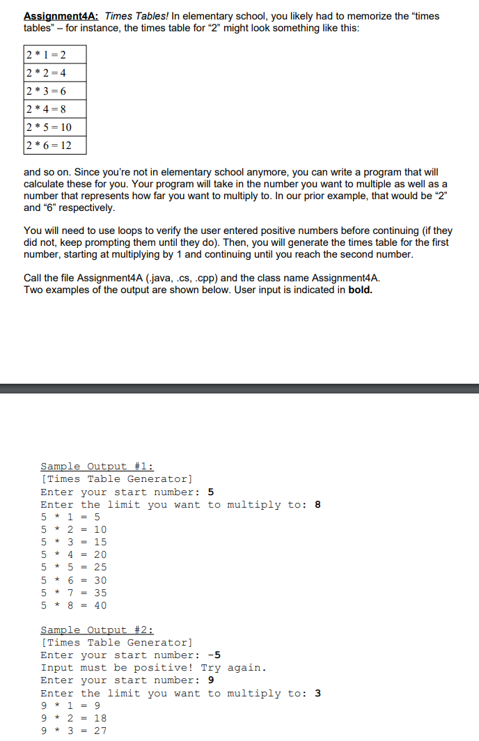 Solved Assignment4A: Times Tables! In elementary school, you | Chegg.com