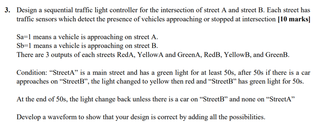 Solved 3. Design a sequential traffic light controller for | Chegg.com