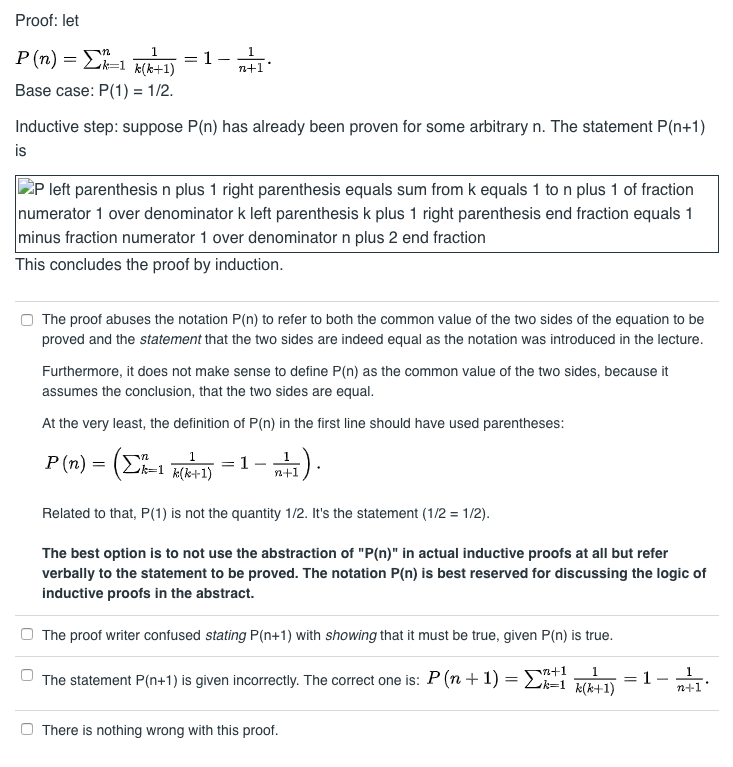 Solved Proof let P (n) = 1 k(k+1) Base case P(1) 1/2