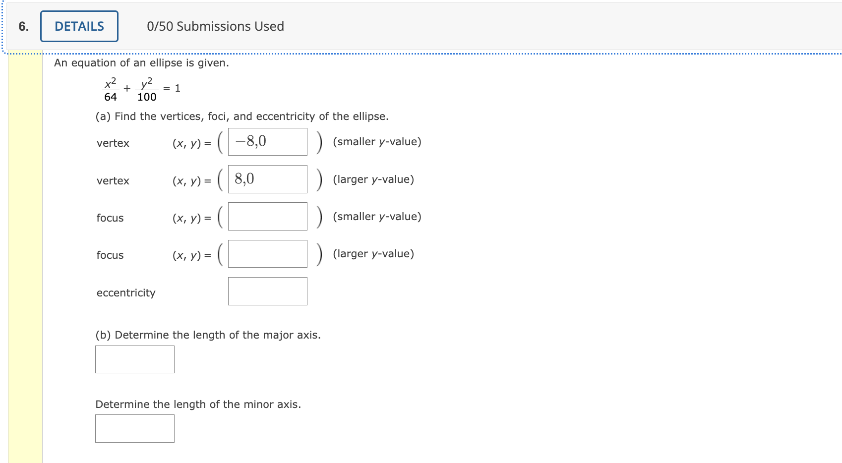 Solved 0/50 Submissions Used An equation of an ellipse is | Chegg.com