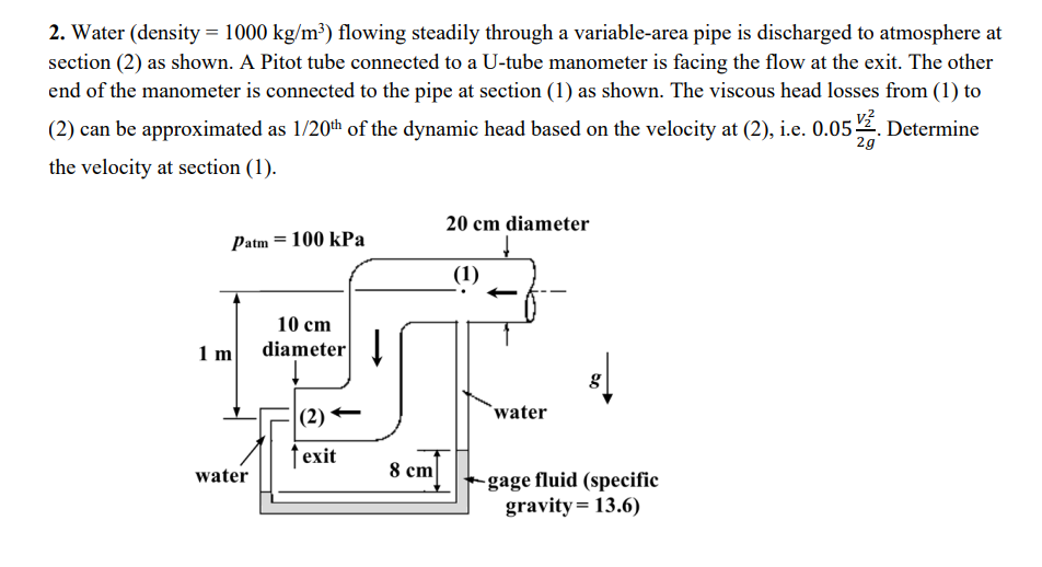 Solved 2. Water (density =1000 kg/m3 ) flowing steadily | Chegg.com