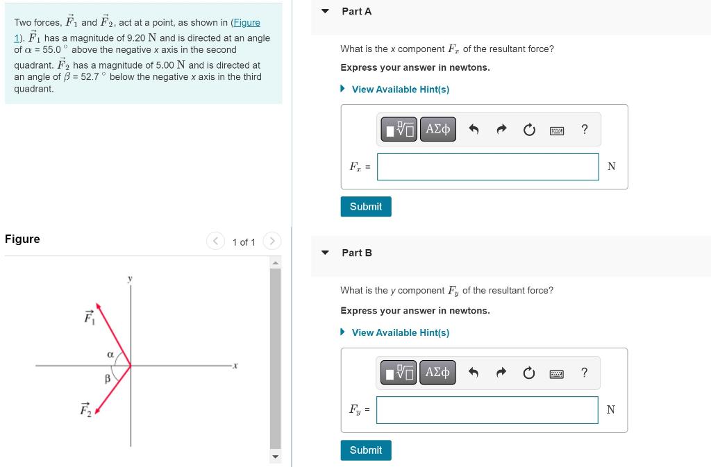 Solved Two forces, F1 and F2, act at a point, as shown in | Chegg.com