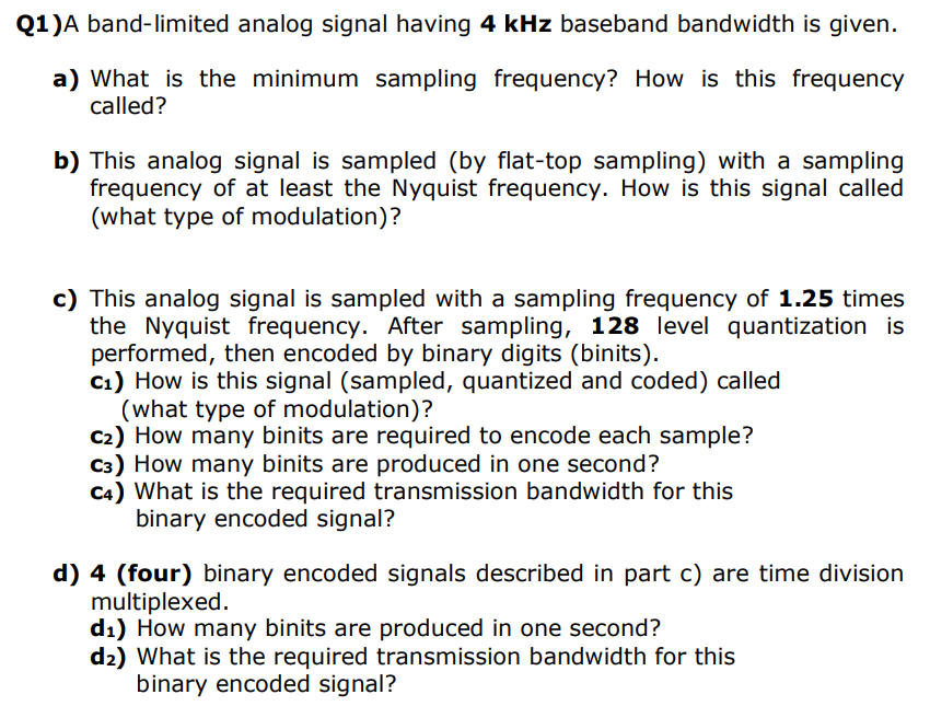 Solved Q1)A band-limited analog signal having 4 kHz baseband | Chegg.com
