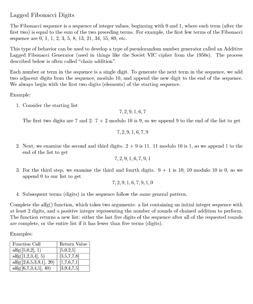 Solved Lagged Fibonacci Digits The Fibonacci sequence is a | Chegg.com