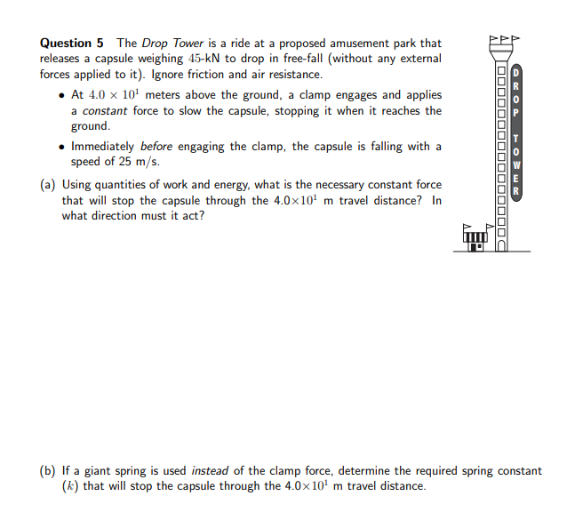 Solved Question 5 The Drop Tower is a ride at a proposed | Chegg.com