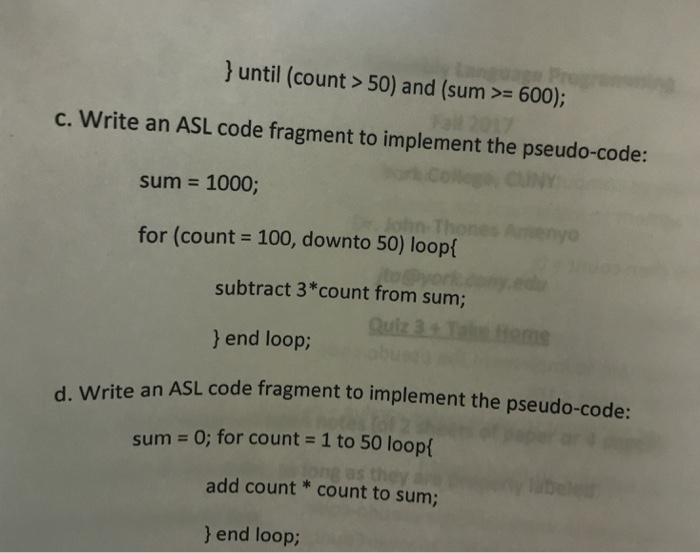 Solved 2. Do the following problems. 20 a. Write an ASL code | Chegg.com
