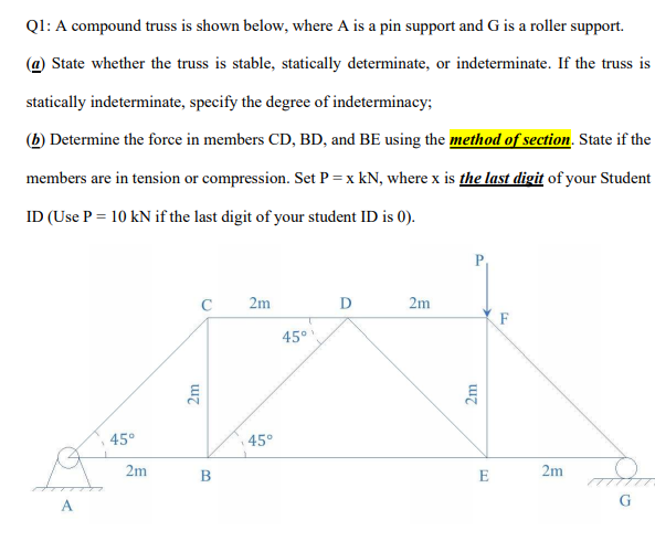 Solved Q1: A compound truss is shown below, where A is a pin | Chegg.com
