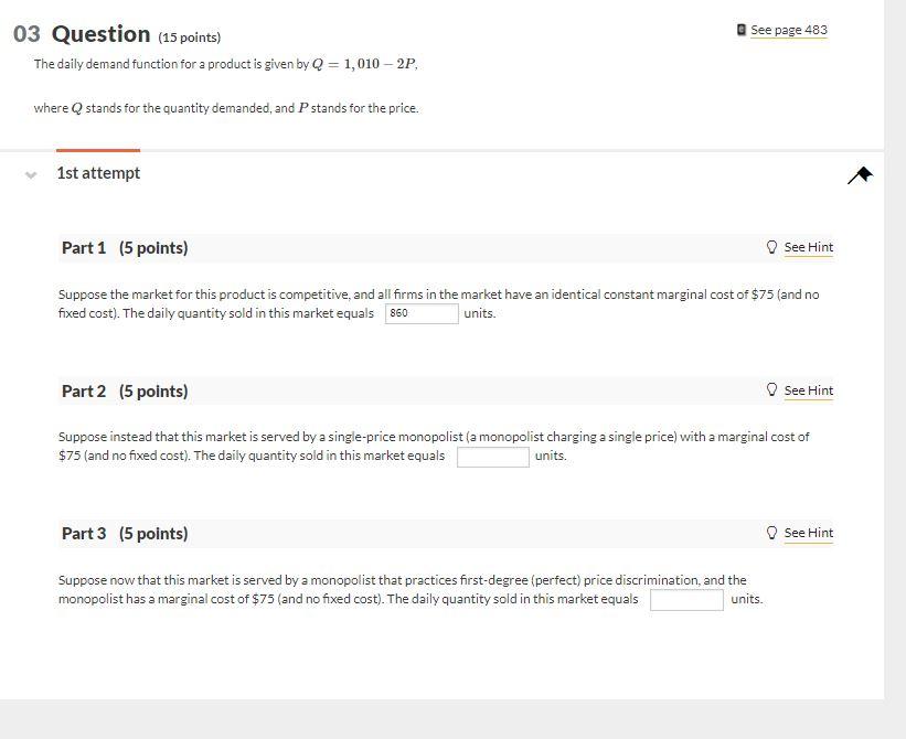 Solved See page 483 03 Question (15 points) The daily demand | Chegg.com