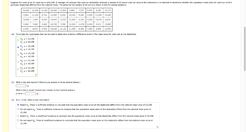 Solved Suppose the mean price for used cars is 10,198. A