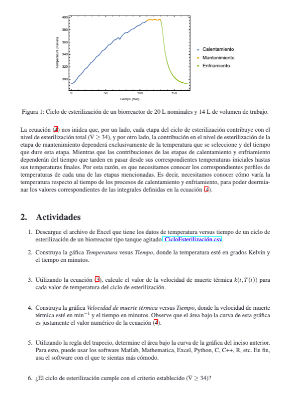 Figura 1: Ciclo de esterilización de un biorreactor de \( 20 \mathrm{~L} \) nominales y \( 14 \mathrm{~L} \) de volumen de tr