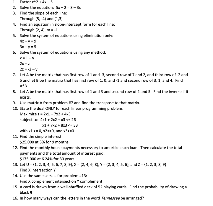 Solved 1. Factor x^2 + 4x-5 2. Solve the equation: 5x + 2 = | Chegg.com