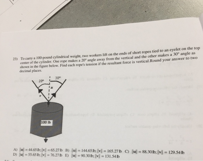 Solved To carry a 100pound cylindrical weight, two workers