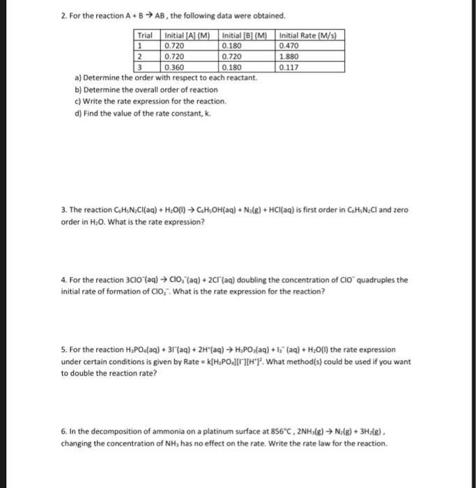 Solved 2. For the reaction A+ AB, the following data were | Chegg.com