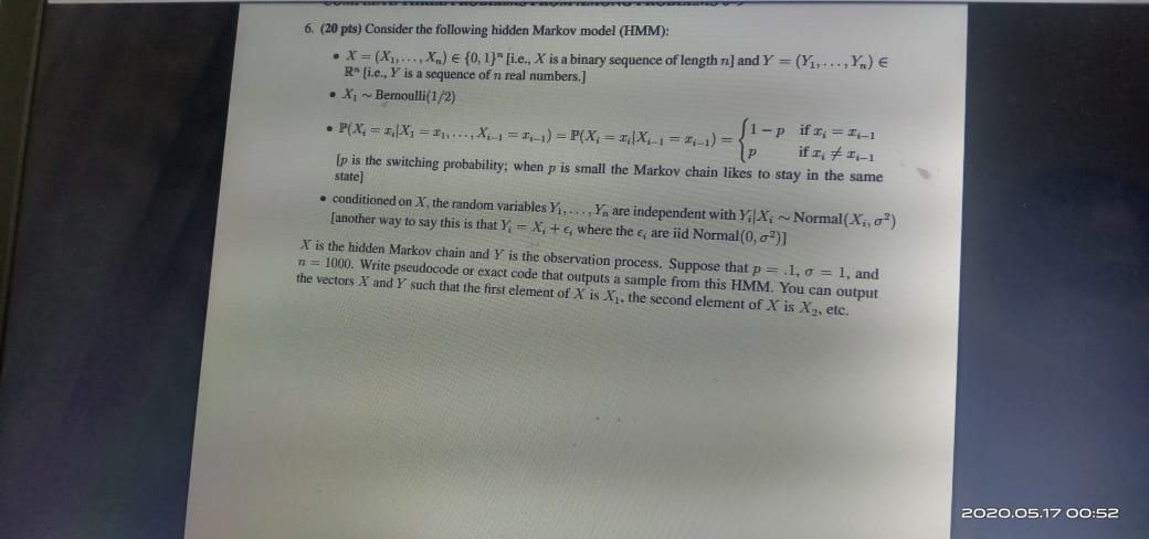 6. (20 pts) Consider the following hidden Markov | Chegg.com