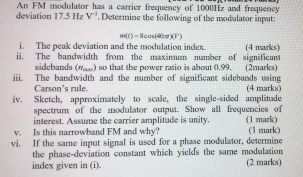 Solved An FM modulator has a carrier frequency of 1000Hz and | Chegg.com