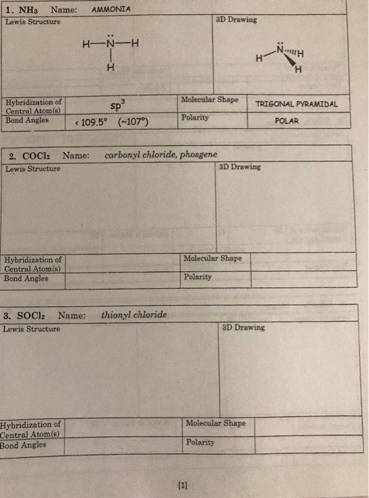 Solved 1. NH3 Name AMMONIA Lewis Structure 3D Drawing