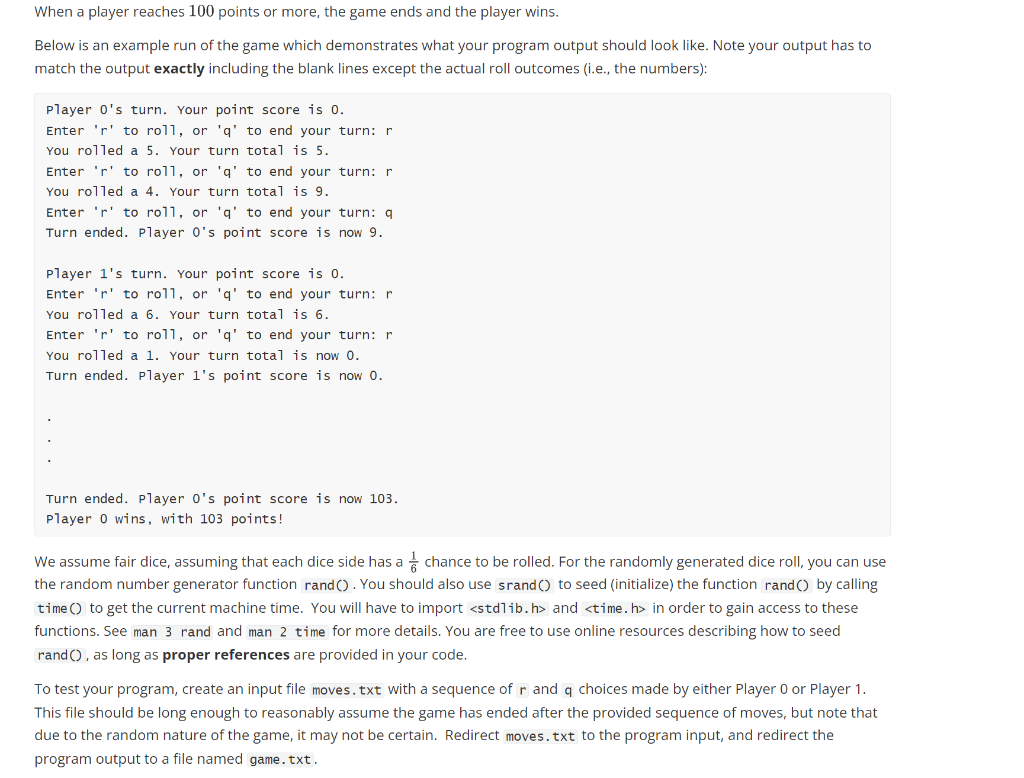 Solved Part 1: Dice Game In this part, you will program a | Chegg.com