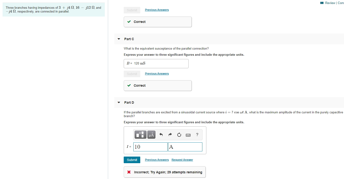 Solved u Review Cons Three branches having impedances of 3 + | Chegg.com