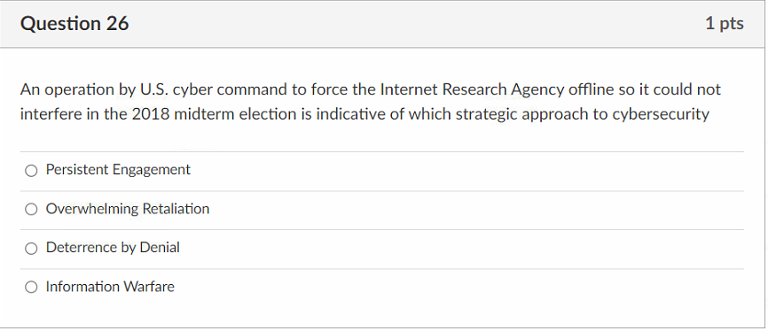 Solved Question 26 1 pts An operation by U.S. cyber command | Chegg.com