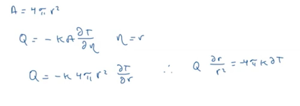 \( A=4 \pi r^{2} \)
\( Q=-k \cdot \frac{\partial T}{\partial \eta} \quad \eta=r \)
\( Q=-k 4 \pi r^{2} \frac{\partial T}{\par