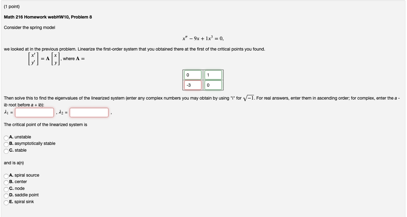 Solved (1 Point) Math 216 Homework WebHW10, Problem 8 | Chegg.com