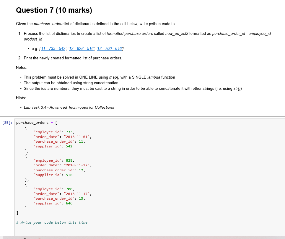 Solved Question 7 (10 marks) Given the purchase_orders list | Chegg.com
