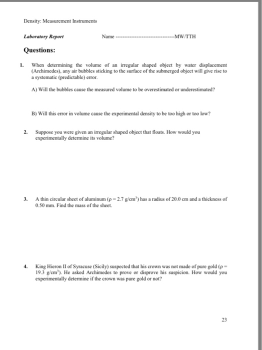 Solved Density: Measurement Instruments Laboratory Report | Chegg.com