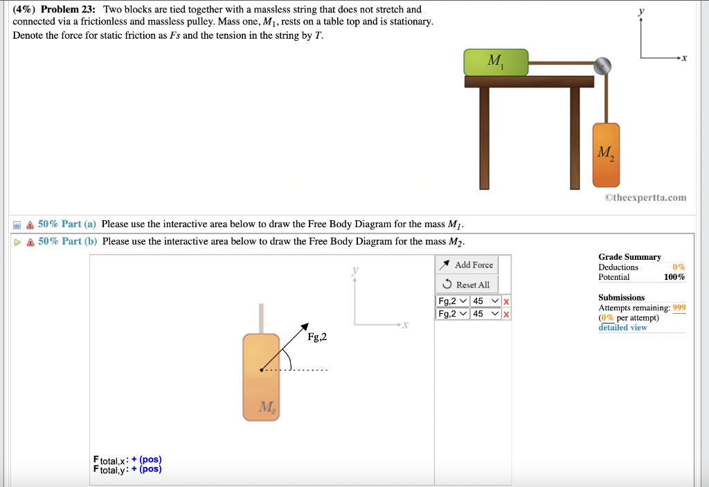 (4\%) Problem 23: Two blocks are tied together with a massless string that does not stretch and connected via a frictionless 