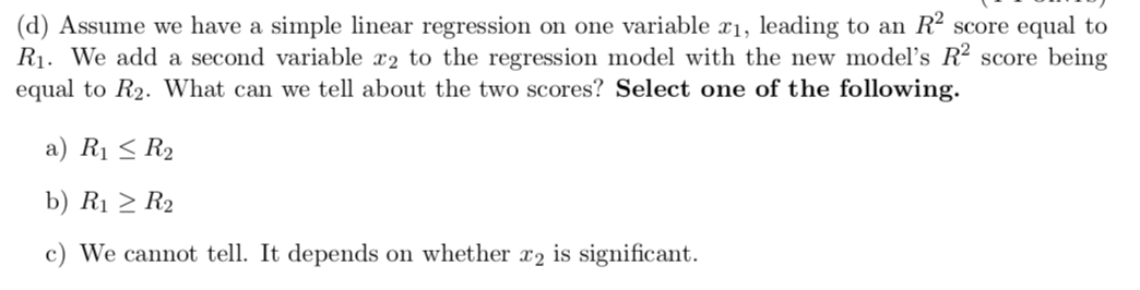 Solved (d) Assume we have a simple linear regression on one | Chegg.com