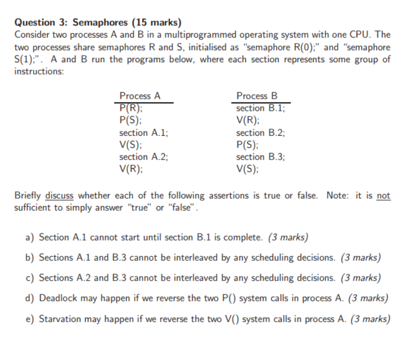 Question 3: Semaphores (15 marks) Consider two | Chegg.com
