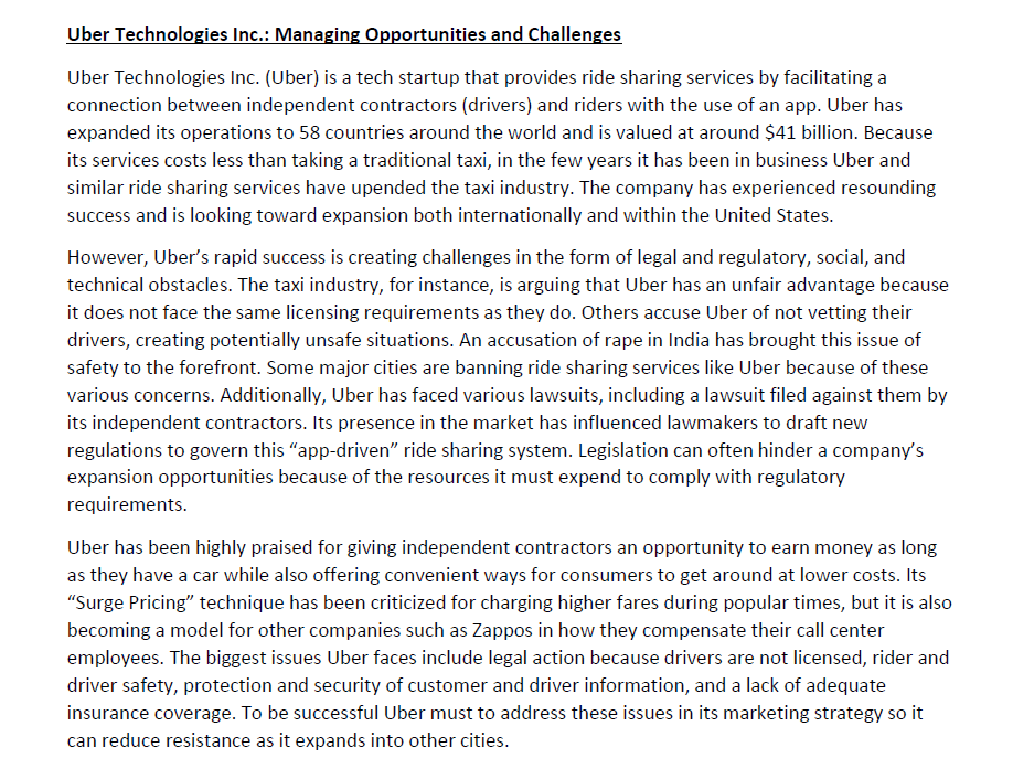 Solved Uber Technologies Inc.: Managing Opportunities and | Chegg.com