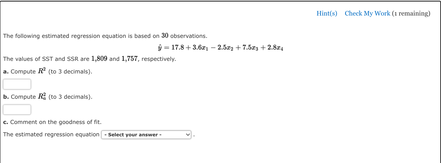 Solved Hint(s) Check My Work (1 Remaining) The Following | Chegg.com