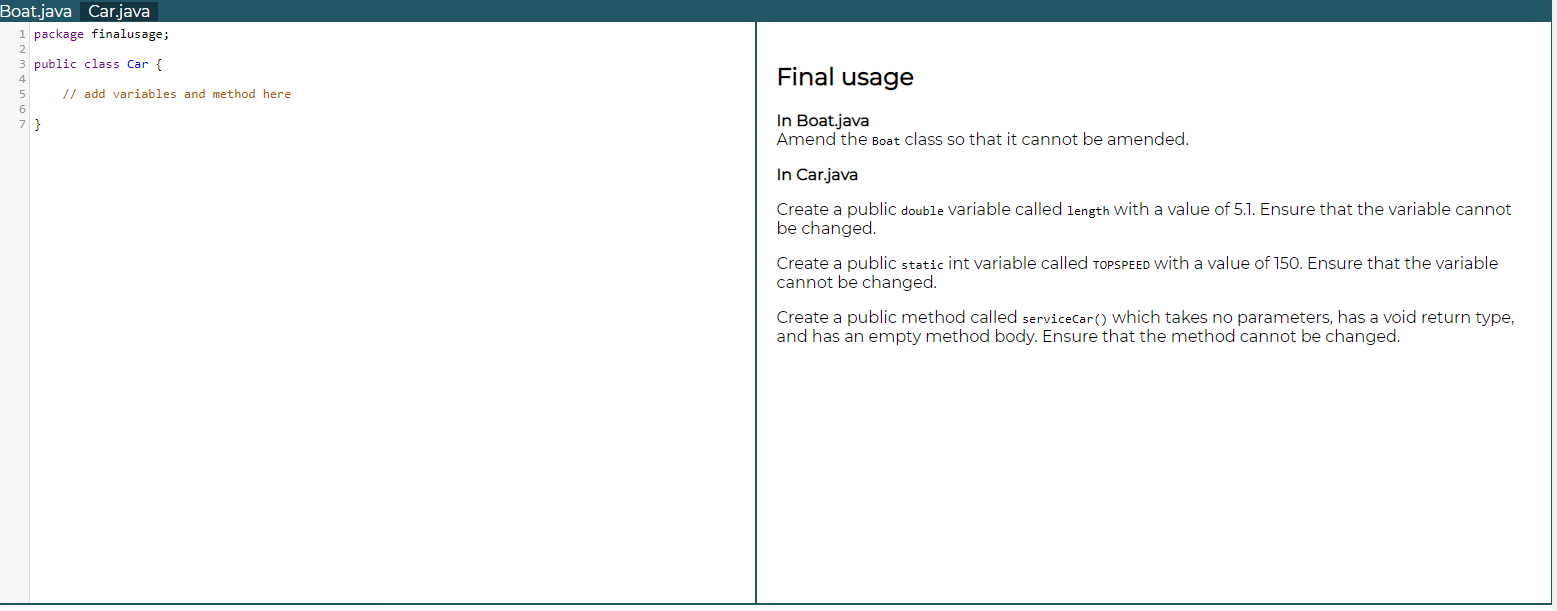 Solved Boat.java Car.java 1 package finalusage; 3 public | Chegg.com