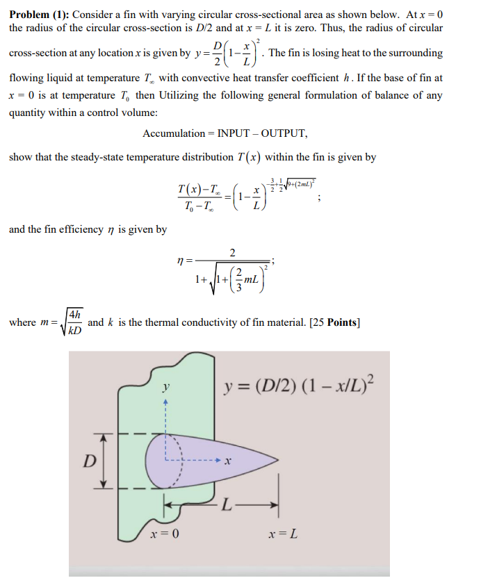 Solved Problem (1): Consider A Fin With Varying Circular | Chegg.com