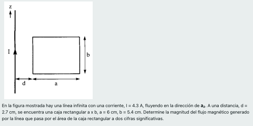 Z I b a En la figura mostrada hay una línea infinita con una corriente, I = 4.3 A, fluyendo en la dirección de az. A una dist