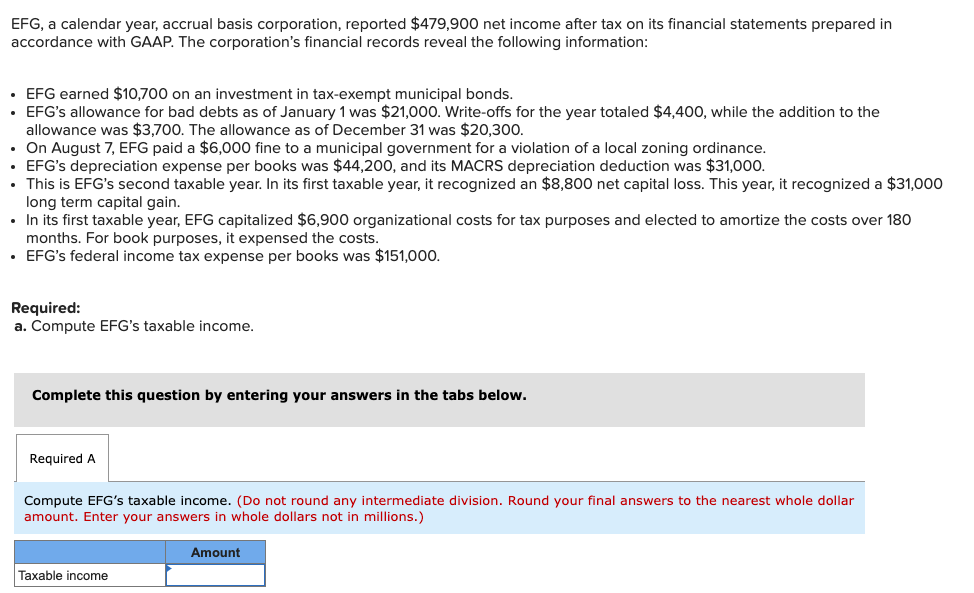 Solved EFG, a calendar year, accrual basis corporation, | Chegg.com