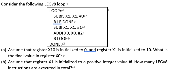 Solved Consider The Following LEGv8 Loop: LOOP: SUBIS X1, | Chegg.com