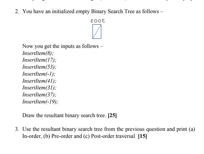 Solved 2. You have an initialized empty Binary Search Tree | Chegg.com