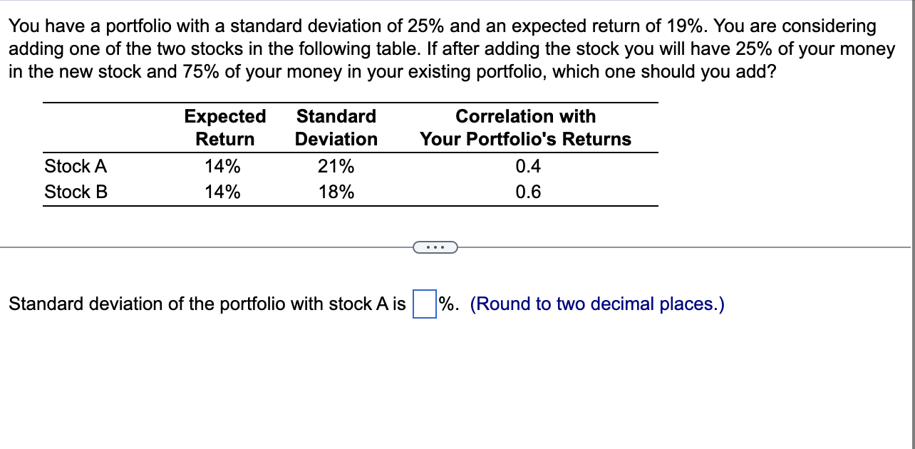 Solved Standard Deviation Of The Portfolio With Stock A? | Chegg.com