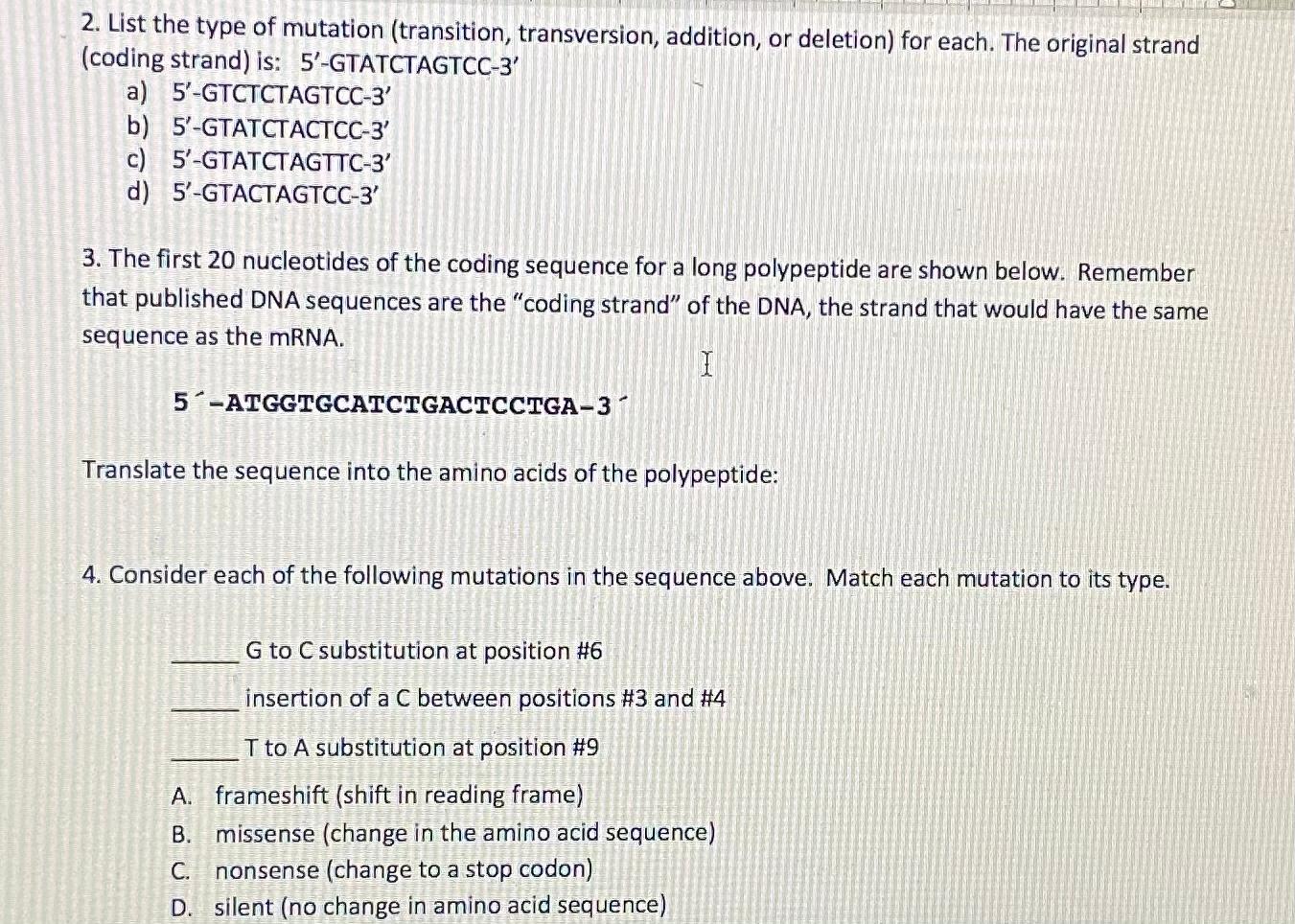 Solved 2. List the type of mutation (transition, | Chegg.com