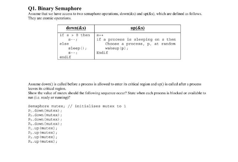 Solved Q1. Binary Semaphore Assume that we have access to | Chegg.com