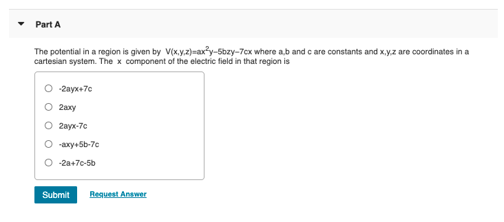 Solved Part A The potential in a region is given by | Chegg.com