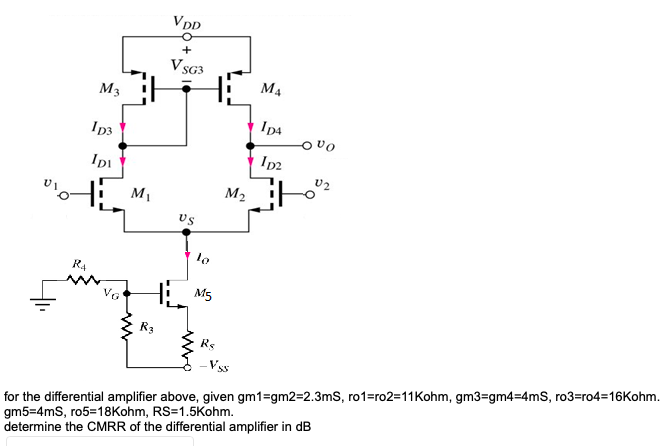 Solved for the differential amplifier above, given gm 1=g | Chegg.com