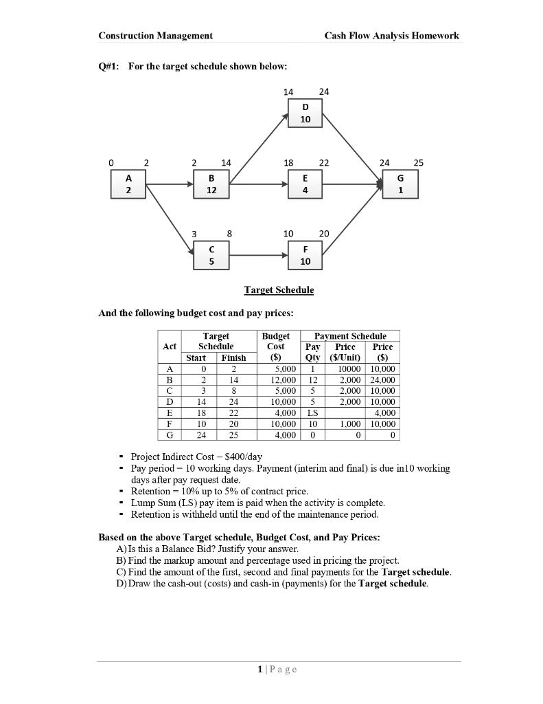 Solved Construction Management Cash Flow Analysis Homework | Chegg.com