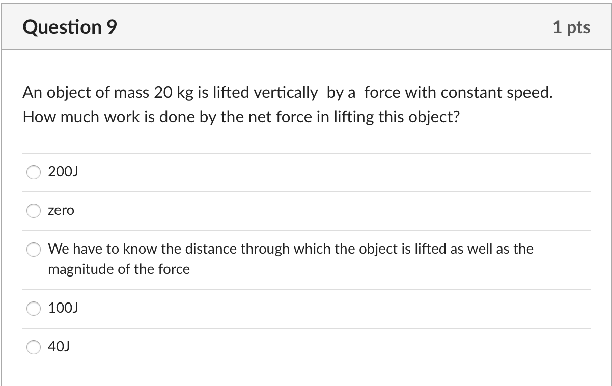 Solved Question 9 1 pts An object of mass 20 kg is lifted | Chegg.com