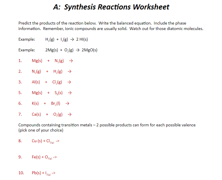 Solved A: Synthesis Reactions Worksheet Predict the products | Chegg.com